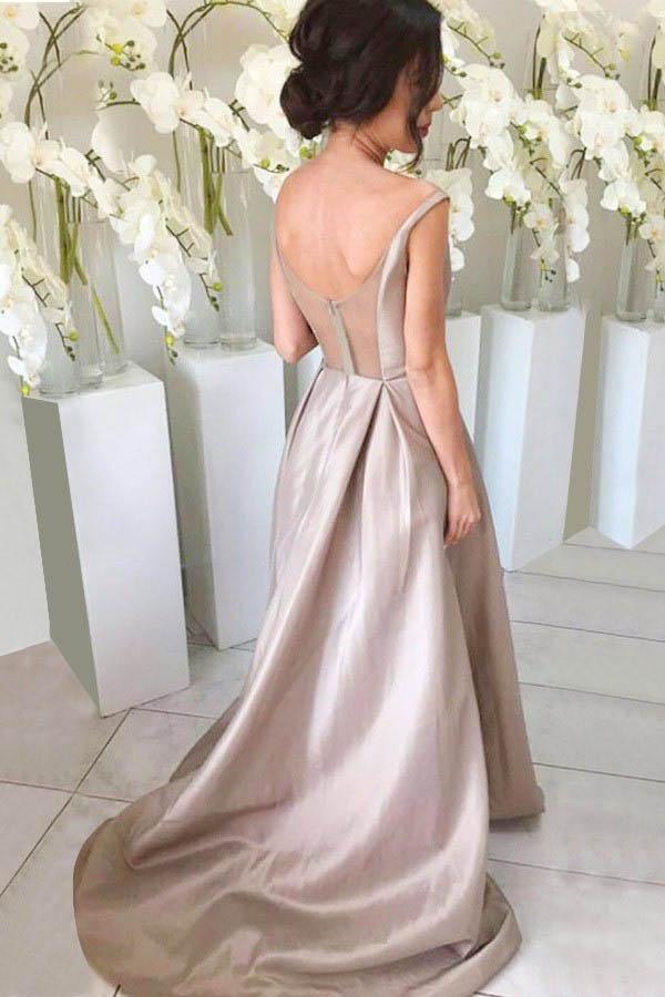 A-Line Satin V-Neck Sleeveless Sheer Back Floor Length Bridesmaid Dress
