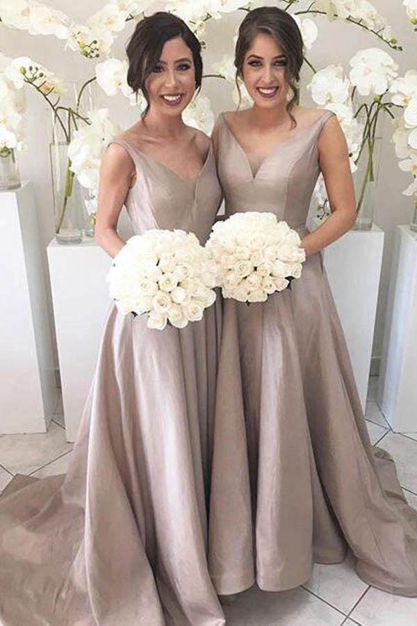 A-Line Satin V-Neck Sleeveless Sheer Back Floor Length Bridesmaid Dress