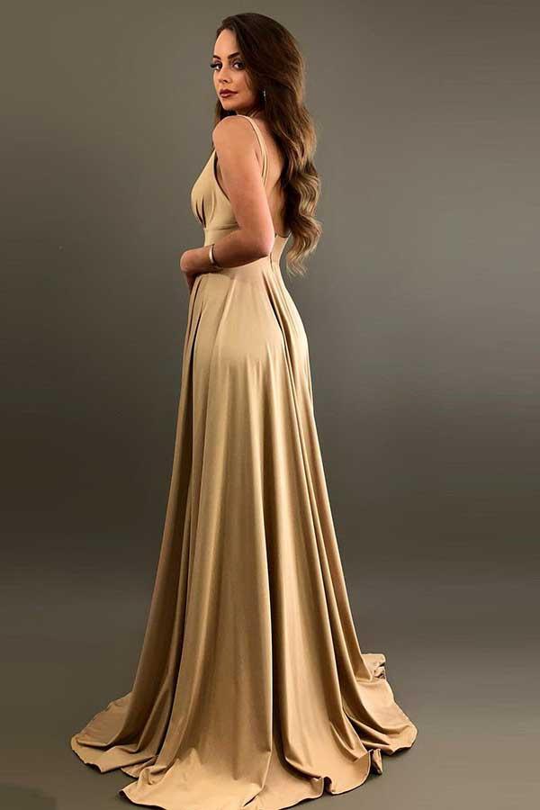 Jersey Deep V-Neck Sleeveless Open Back Waistband Slit Floor Length Bridesmaid Dress