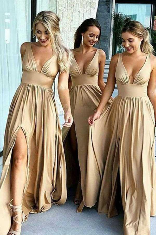 Jersey Deep V-Neck Sleeveless Open Back Waistband Slit Floor Length Bridesmaid Dress
