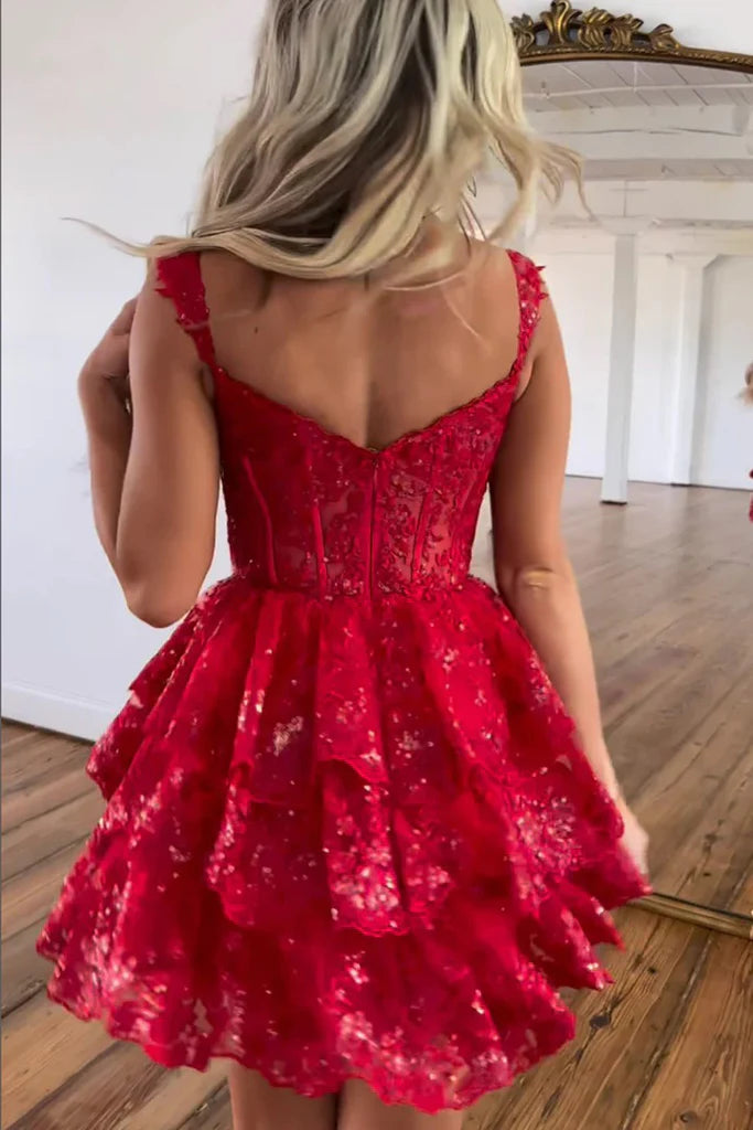 A-Line Sequins Appliques Red Short Homecoming Cocktail Dress