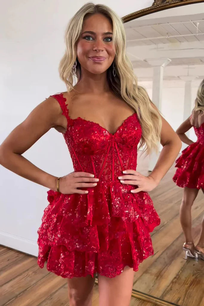 A-Line Sequins Appliques Red Short Homecoming Cocktail Dress