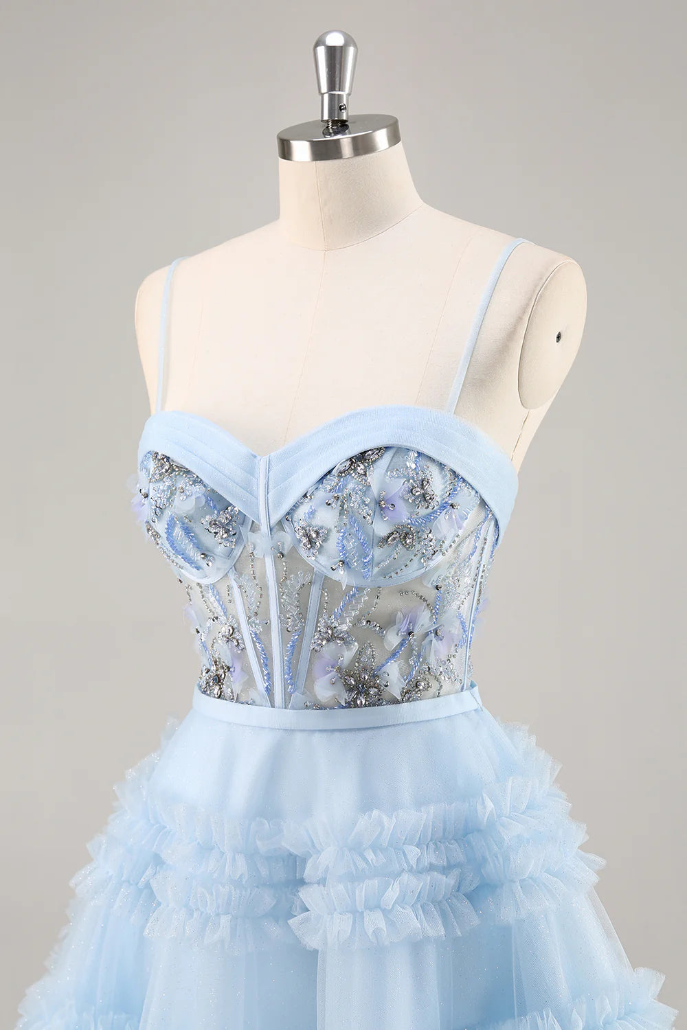 A-Line Sequins Tulle Corset Pleated Short Blue Homecoming Dress with Ruffles