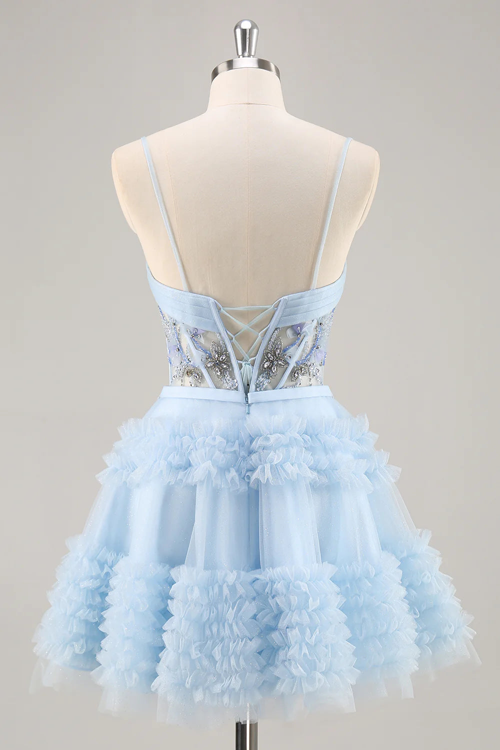 A-Line Sequins Tulle Corset Pleated Short Blue Homecoming Dress with Ruffles