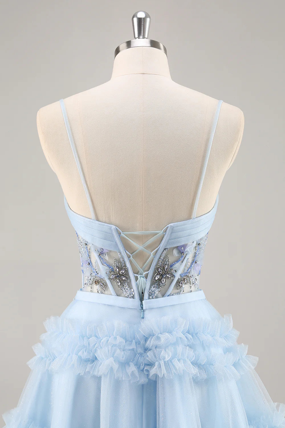 A-Line Sequins Tulle Corset Pleated Short Blue Homecoming Dress with Ruffles