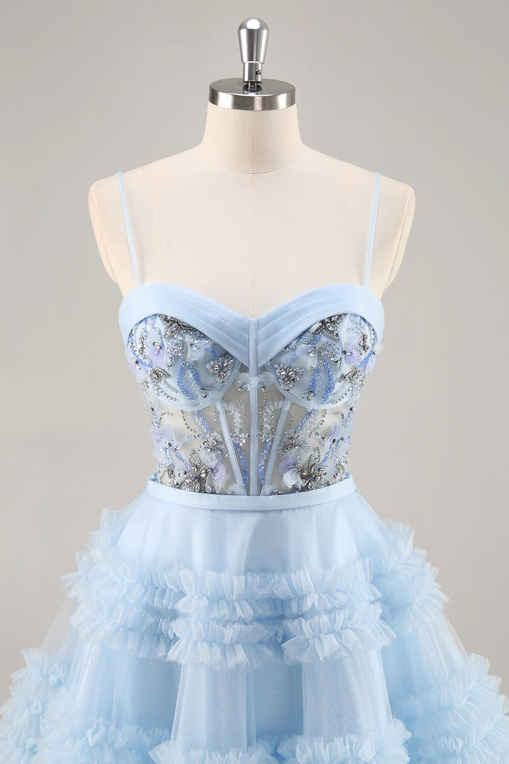A-Line Sequins Tulle Corset Pleated Short Blue Homecoming Dress with Ruffles