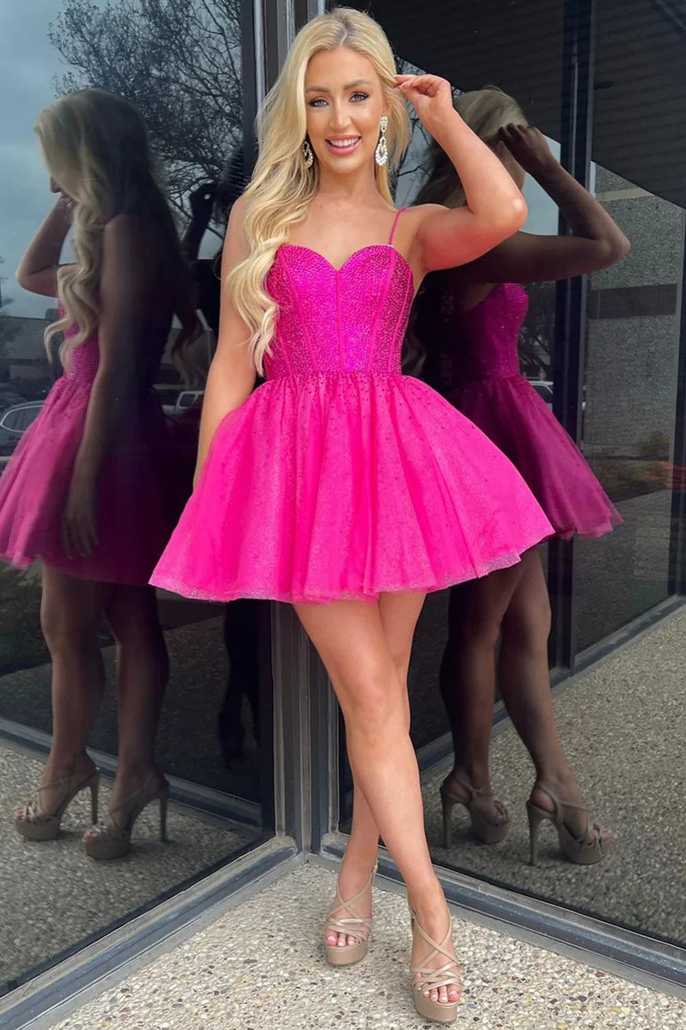 A-Line Spaghetti Straps Hot Pink Short Homecoming Dress with Beading