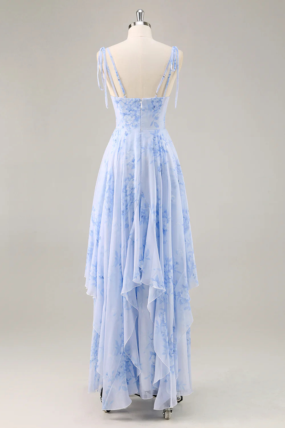A-Line Spaghetti Straps Long Blue Floral Bridesmaid Dress with Ruffles