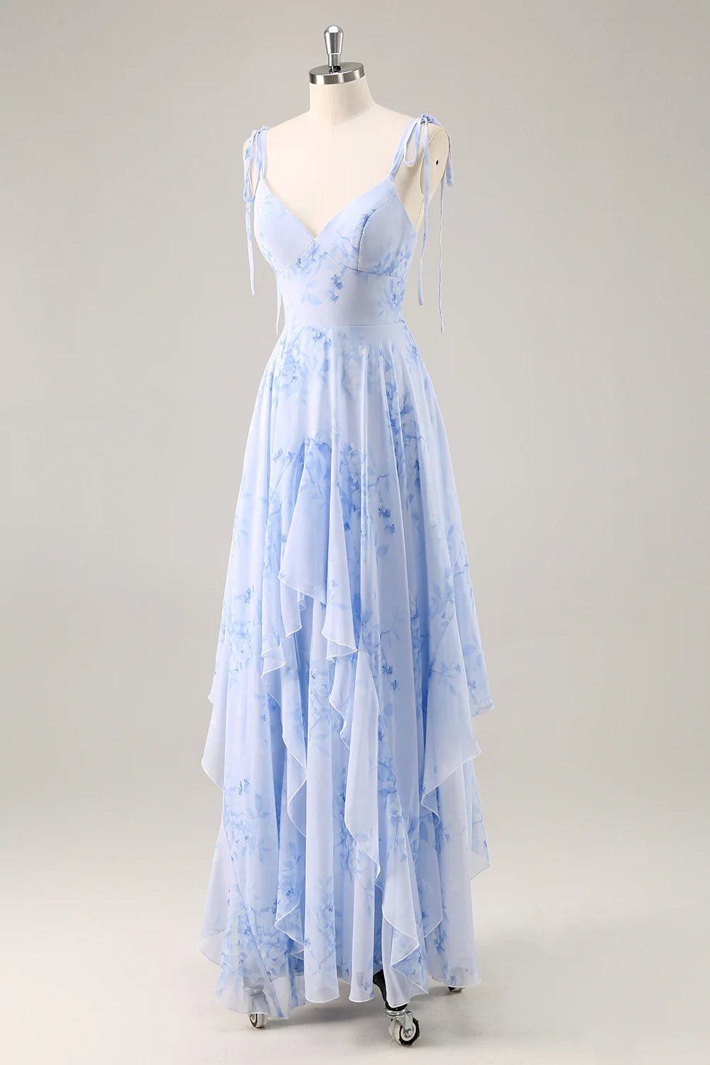 A-Line Spaghetti Straps Long Blue Floral Bridesmaid Dress with Ruffles