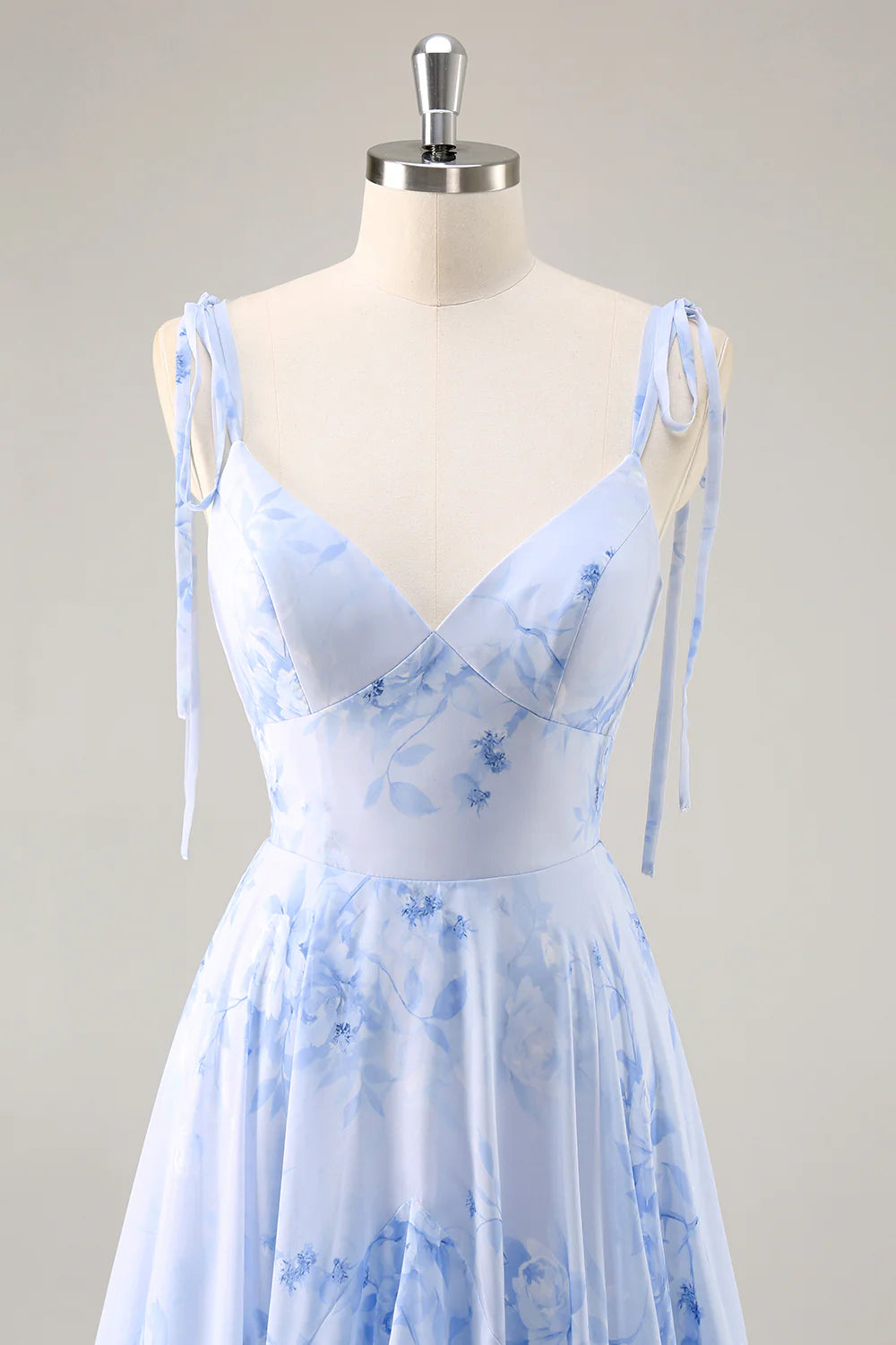 A-Line Spaghetti Straps Long Blue Floral Bridesmaid Dress with Ruffles