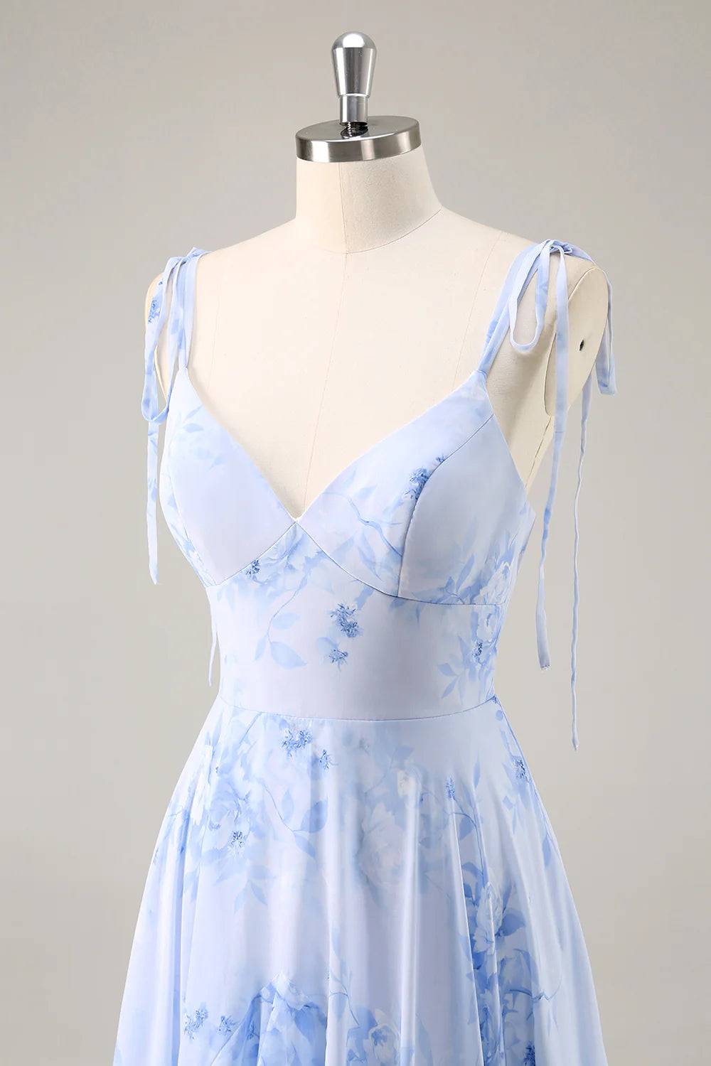 A-Line Spaghetti Straps Long Blue Floral Bridesmaid Dress with Ruffles
