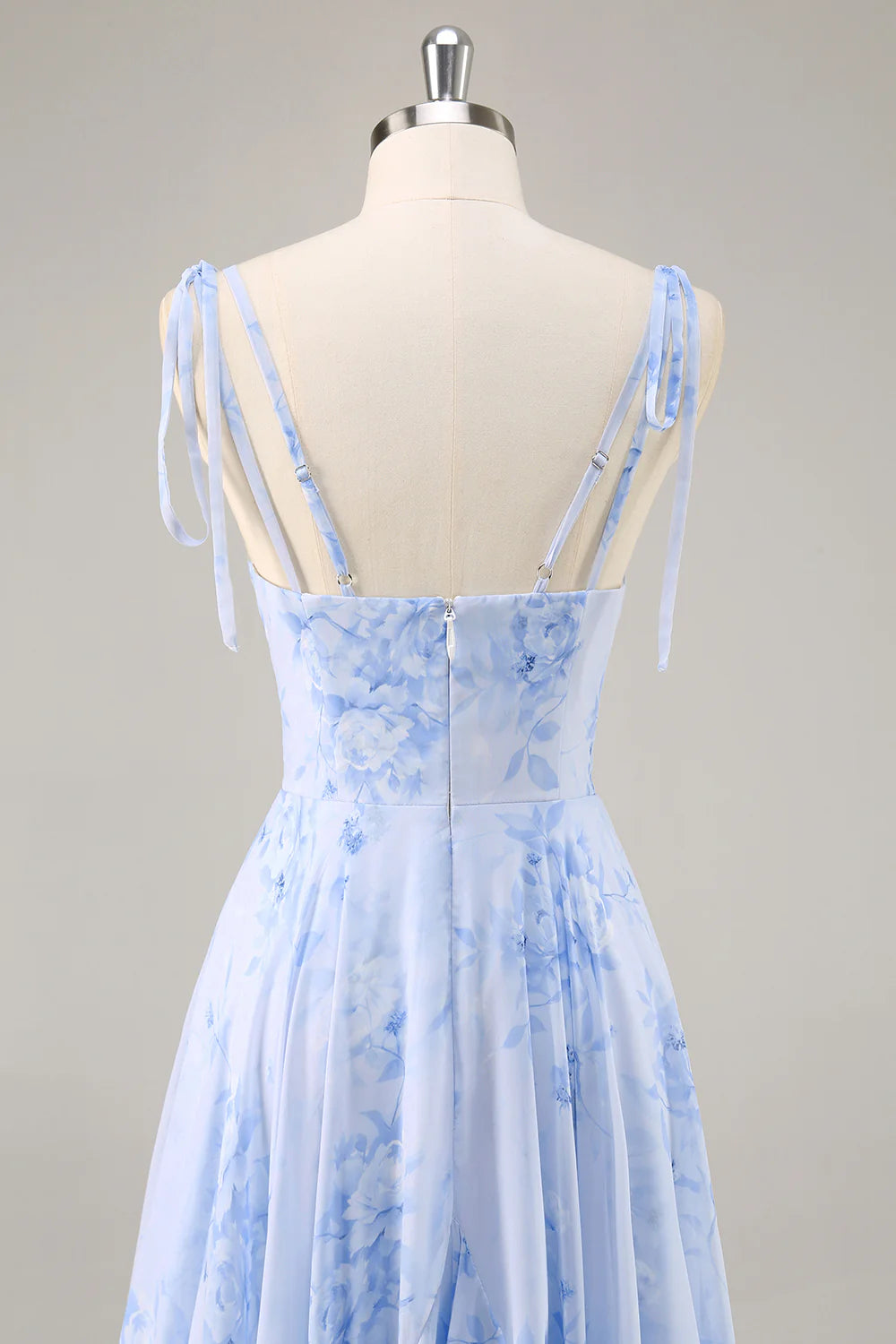 A-Line Spaghetti Straps Long Blue Floral Bridesmaid Dress with Ruffles