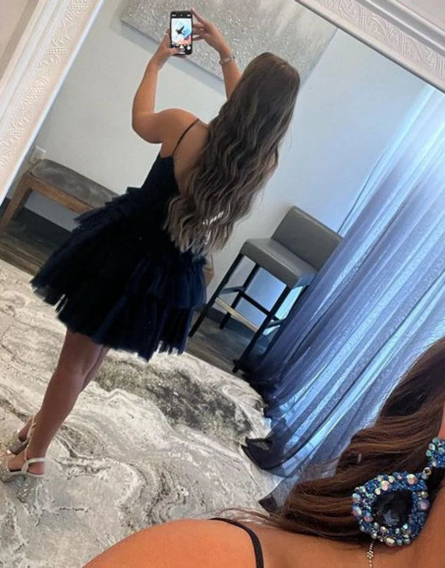 A-Line Spaghetti Straps Navy Tulle  Unique Design Homecoming Dress