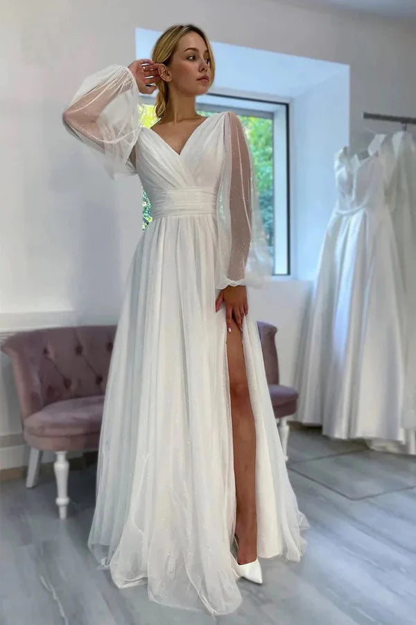 A-Line Sparkly V-Neck Long Sleeves Beach Wedding Dress