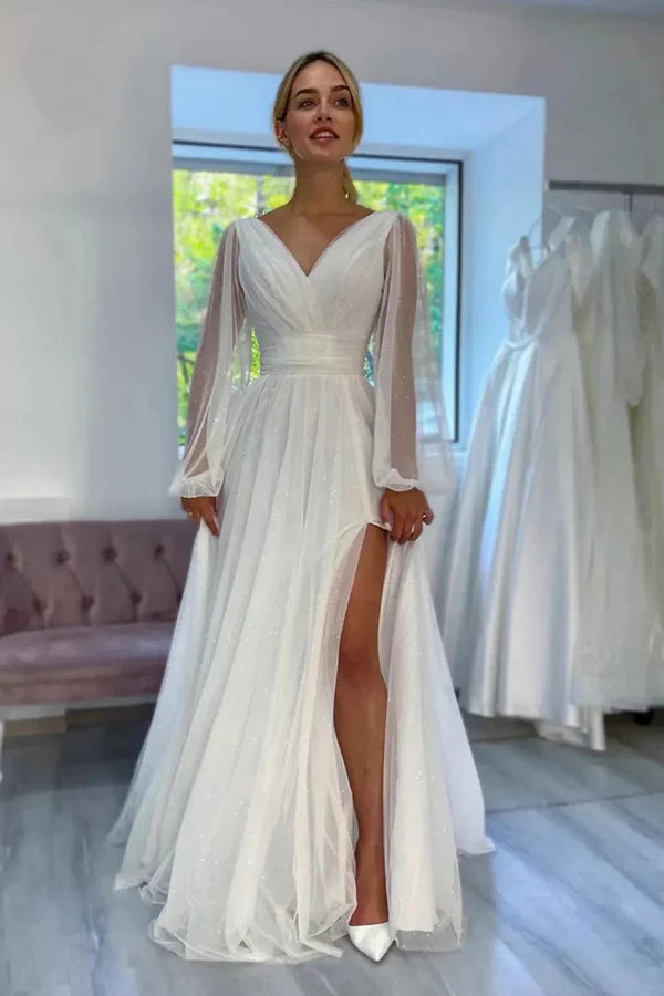 A-Line Sparkly V-Neck Long Sleeves Beach Wedding Dress