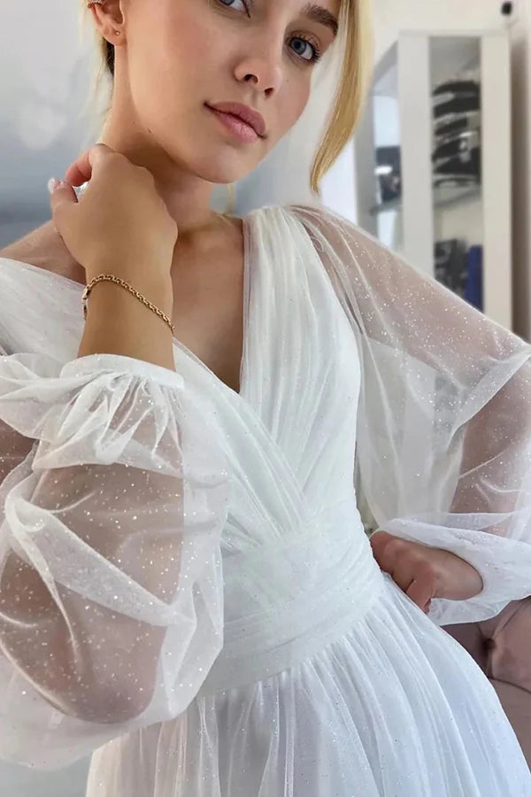 A-Line Sparkly V-Neck Long Sleeves Beach Wedding Dress