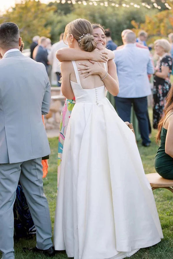 A-Line Square Neck Simple Wedding Dress Modest Wedding Gown