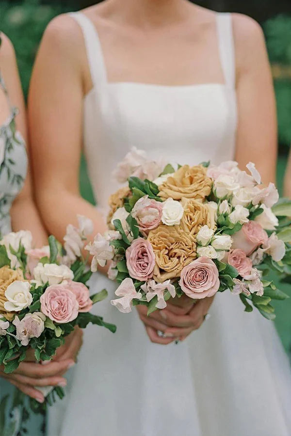 A-Line Square Neck Simple Wedding Dress Modest Wedding Gown