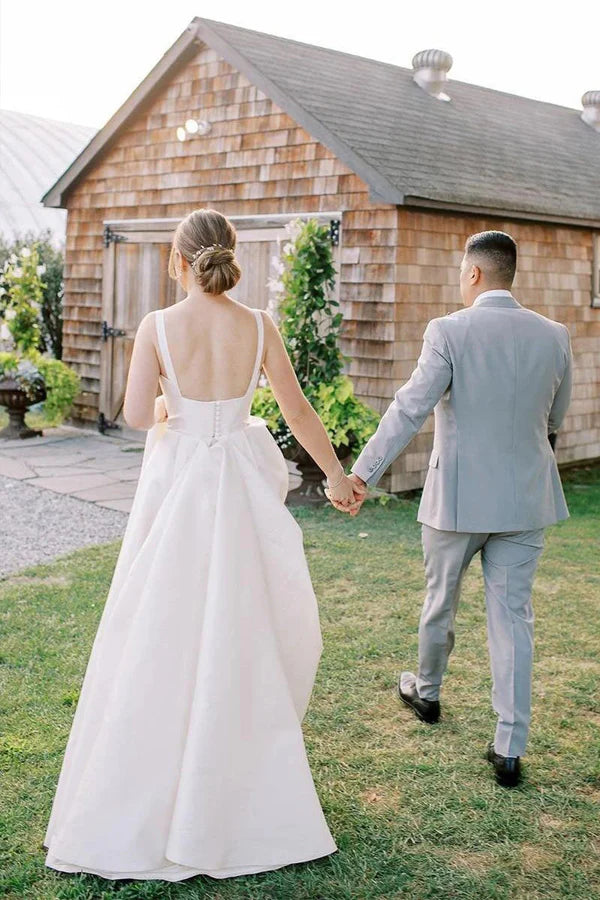 A-Line Square Neck Simple Wedding Dress Modest Wedding Gown