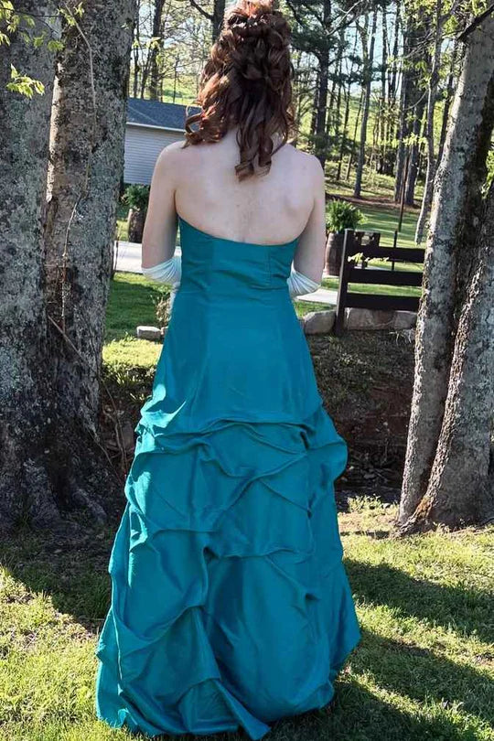 A-Line Strapless Appliques Pleats Long Formal Prom Dress