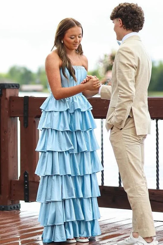 A-Line Strapless Empire-Waist Layered Satin Sleeveless Long Prom Dress