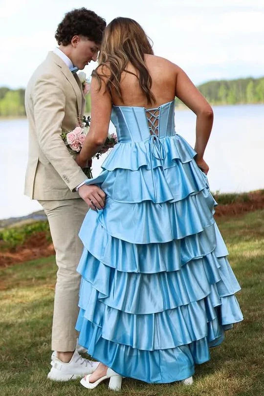 A-Line Strapless Empire-Waist Layered Satin Sleeveless Long Prom Dress