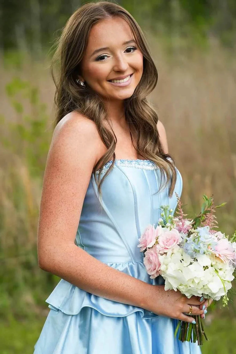 A-Line Strapless Empire-Waist Layered Satin Sleeveless Long Prom Dress