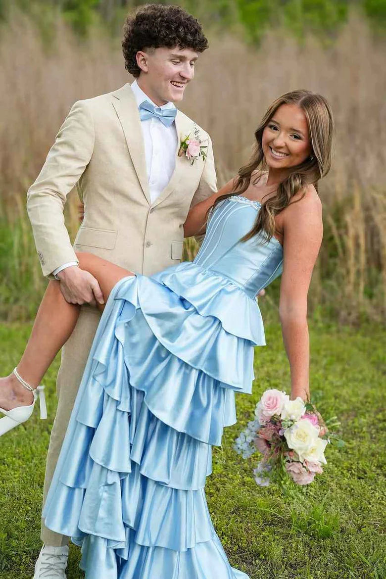 A-Line Strapless Empire-Waist Layered Satin Sleeveless Long Prom Dress