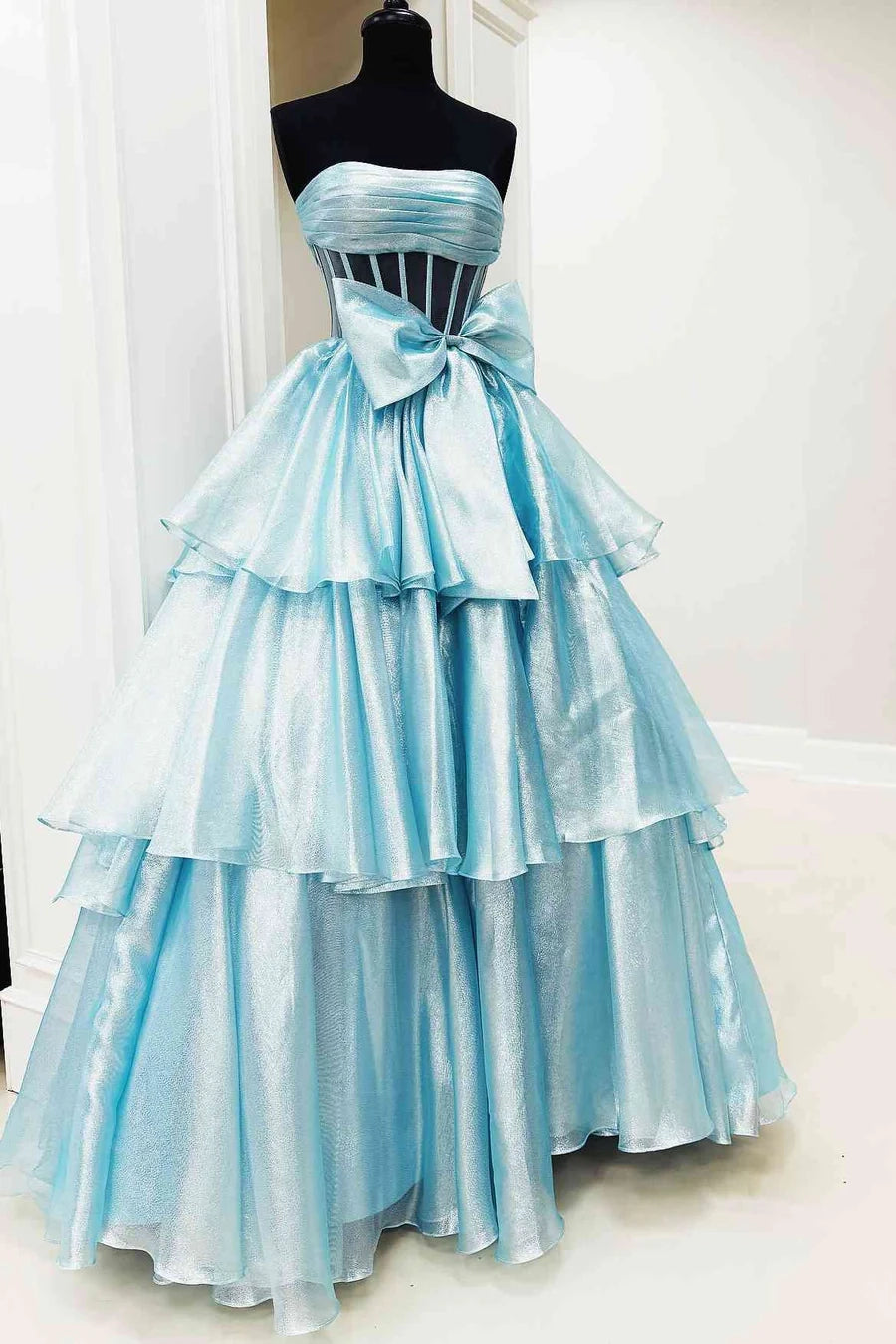 A-Line Strapless Empire-Waist Tiered Sleeveless Long Prom Dress