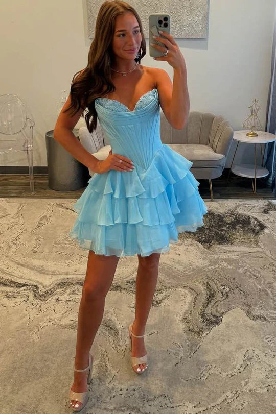 A-Line Strapless Empire-Waist V-Neck Ruffles Short Cocktail Homecoming Dress