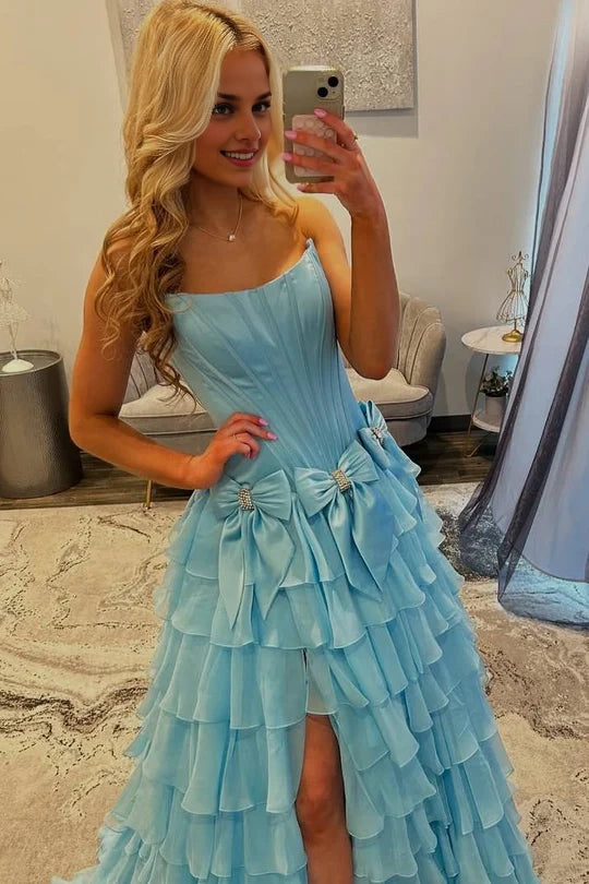 A-Line Strapless Scoop Empire-Waist Layered Prom Dress with Bows