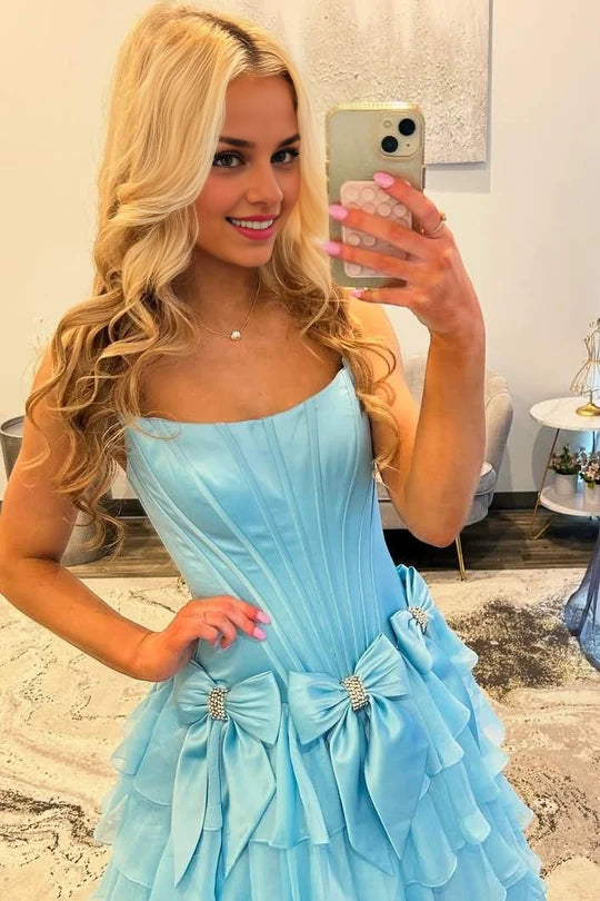 A-Line Strapless Scoop Empire-Waist Layered Prom Dress with Bows