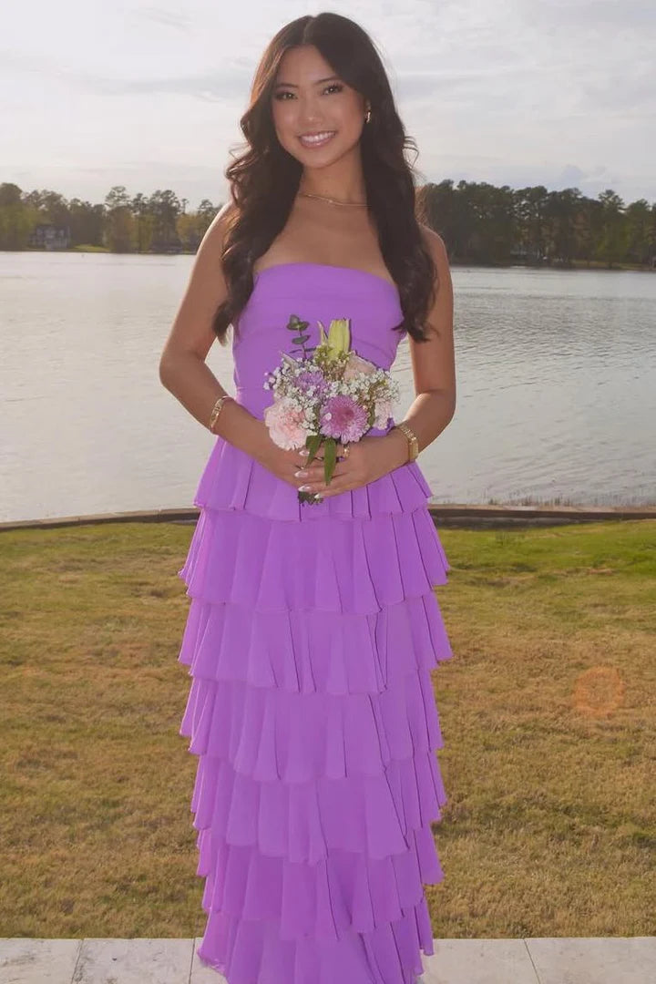 A-Line Strapless Scoop Ruffles Sleeveless Long Prom Formal Dress