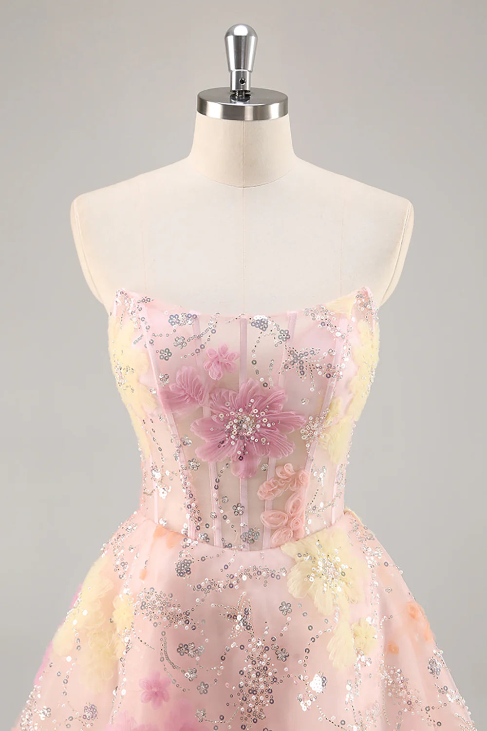A-Line Strapless Sequins Corset Short Pink Floral Homecoming Dress