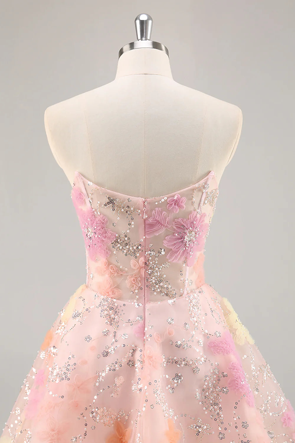 A-Line Strapless Sequins Corset Short Pink Floral Homecoming Dress