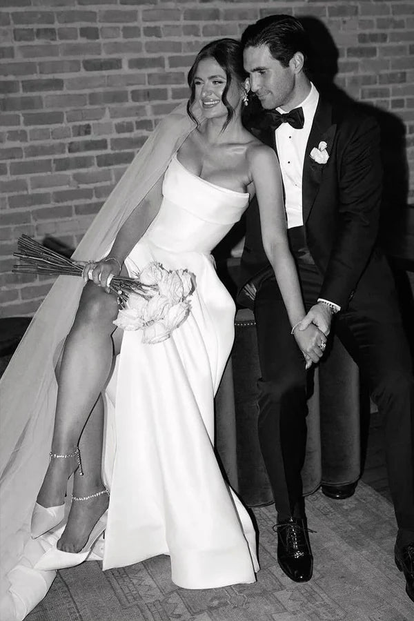 A-Line Strapless Simple White Satin Wedding Dress with Slit