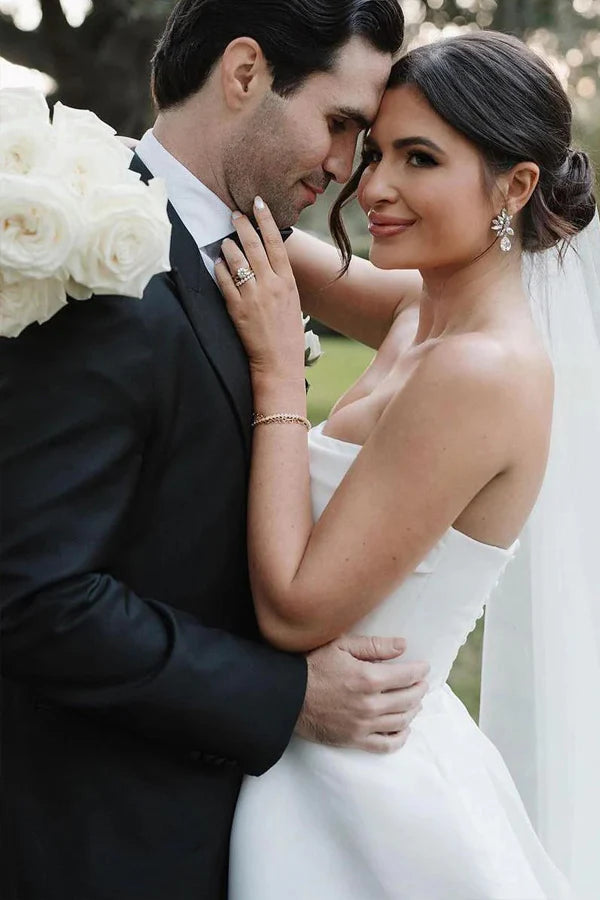 A-Line Strapless Simple White Satin Wedding Dress with Slit