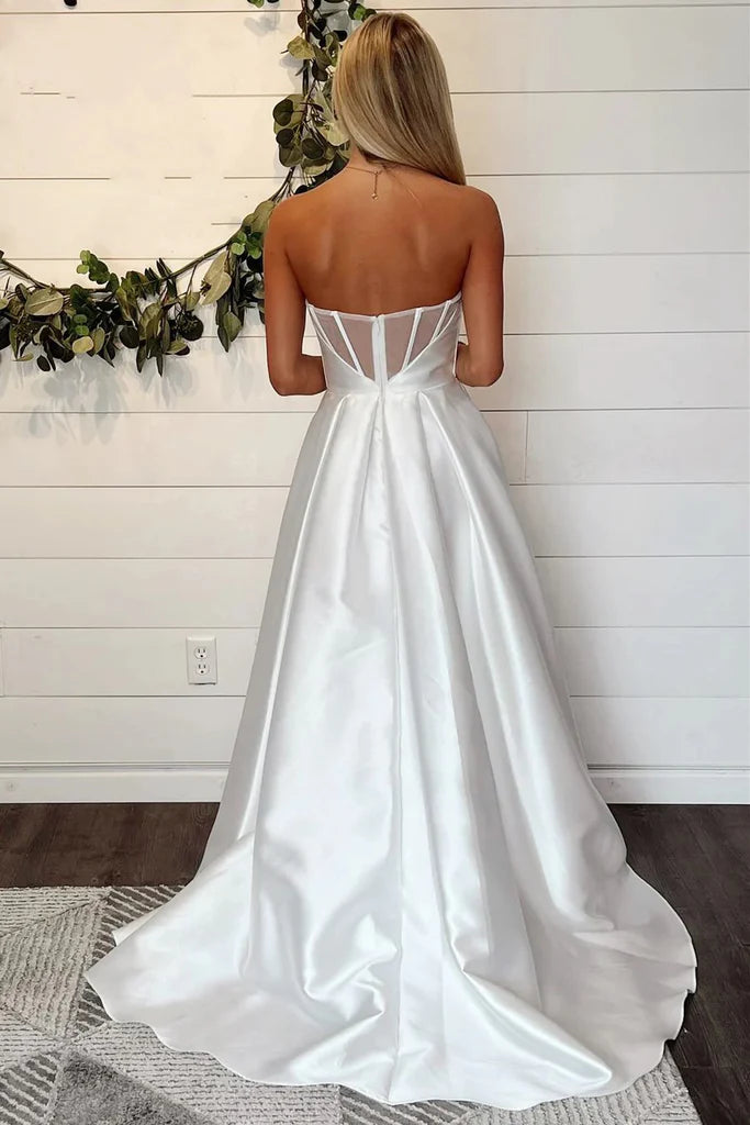 A-Line Strapless White Wedding Dress Simple Wedding Dresses