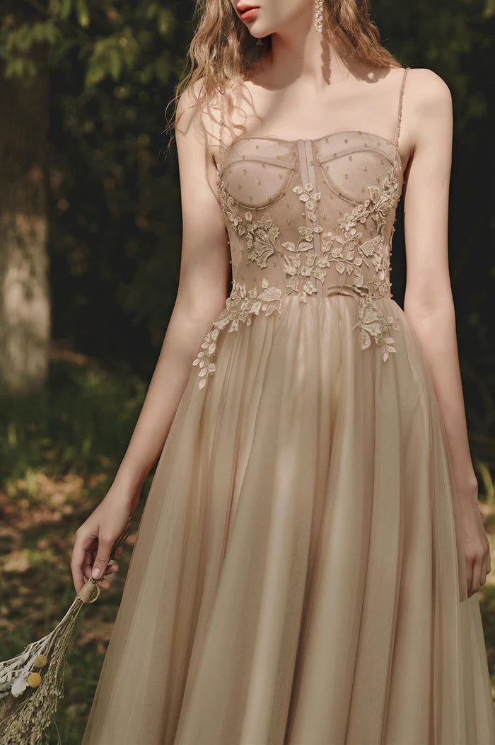 A-Line Tulle Lace Long Evening Dress, Cute Spaghetti Strap Prom Dress