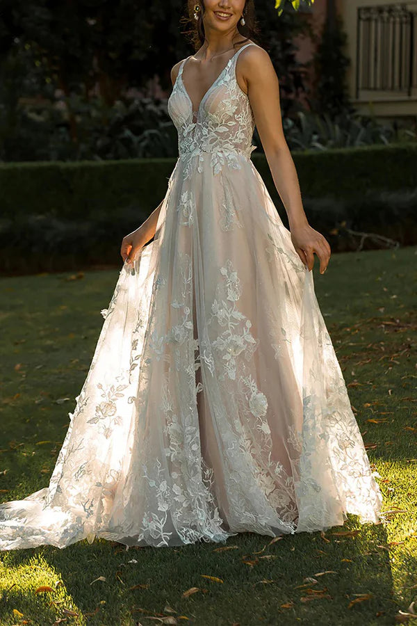 A-Line V-Neck Lace Appliques Beach Wedding Dress Boho Bridal Gown