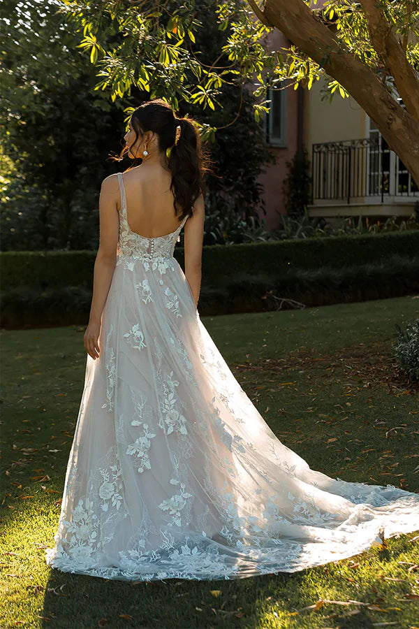 A-Line V-Neck Lace Appliques Beach Wedding Dress Boho Bridal Gown