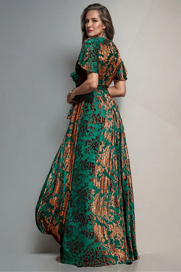 A-Line V Neck Dark Green Burnout Velvet Mother Of The Bride Dress