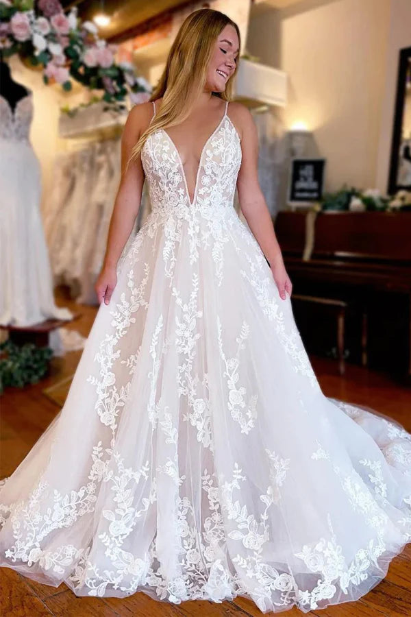 A-Line V Neck Spaghetti Straps Long Ivory Wedding Dress