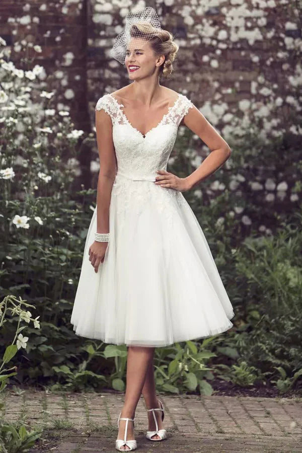 A-Line Wedding Dress Tea Length Lace Short Bridal Gown