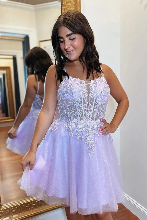 A-line Appliques Lace-Up Tulle Lavender Homecoming Dress