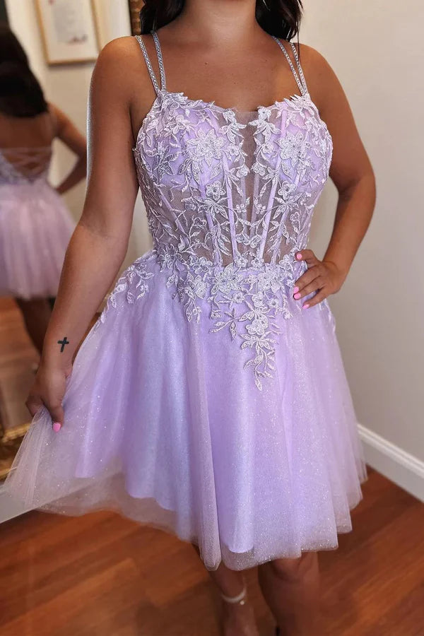 A-line Appliques Lace-Up Tulle Lavender Homecoming Dress