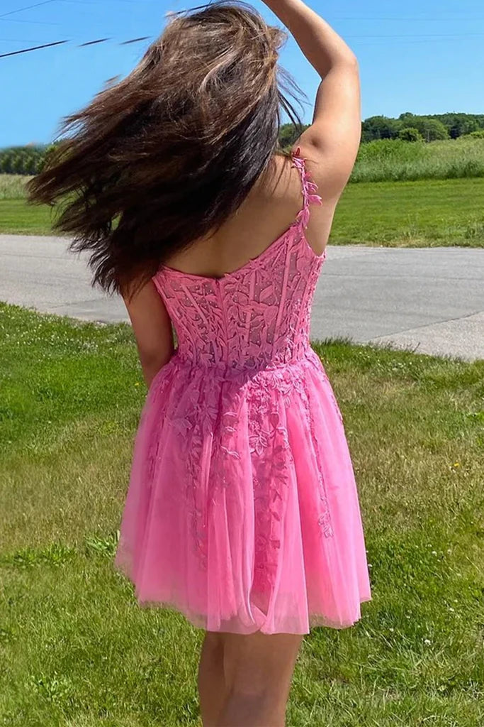 A-line Hot Pink Lace Appliques Party Dress Homecoming Dress