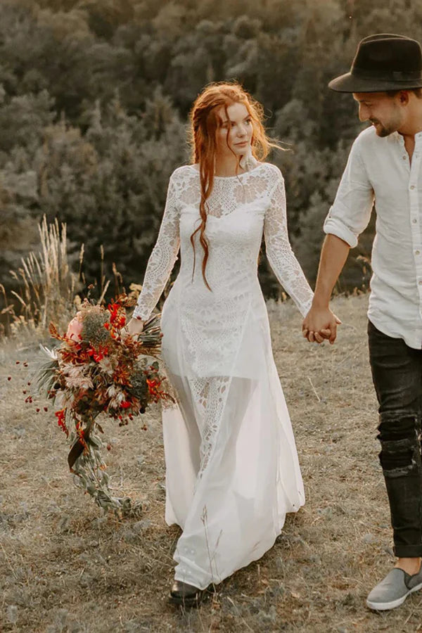 A-line Scoop Neck Backless Long Sleeves Beach Wedding Dresses