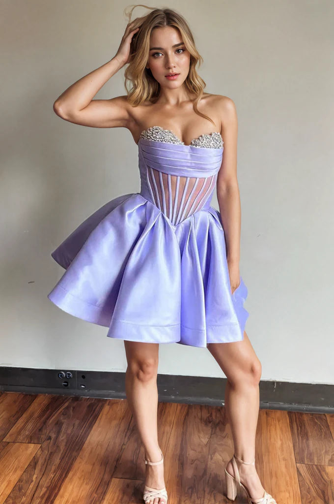 A-line Strapless Sheer Corset Bodice Lavender Homecoming Dress