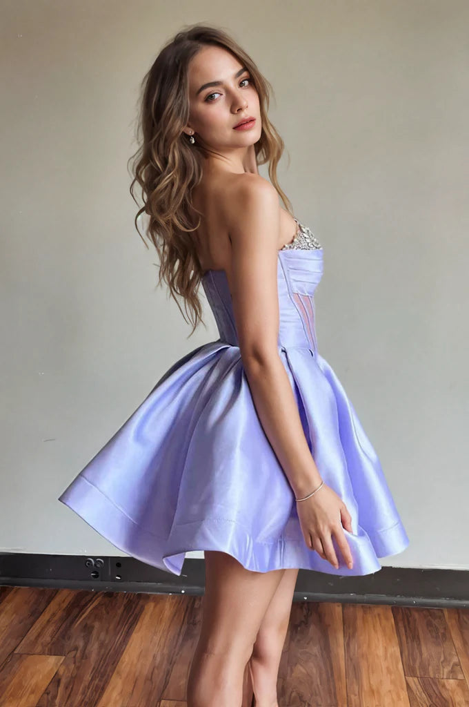 A-line Strapless Sheer Corset Bodice Lavender Homecoming Dress